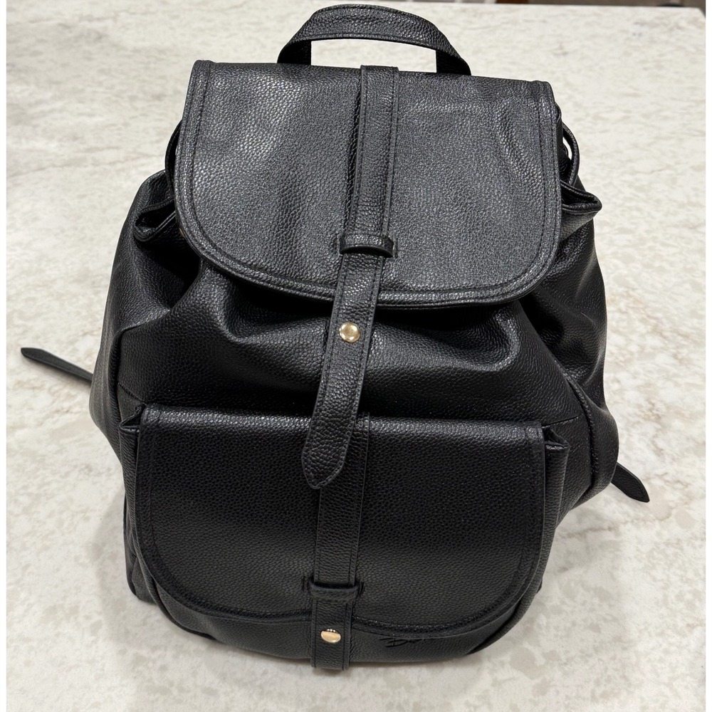 Bella Russo Black Pebbled Faux Leather Backpack Gold Hardware Drawstring Flap